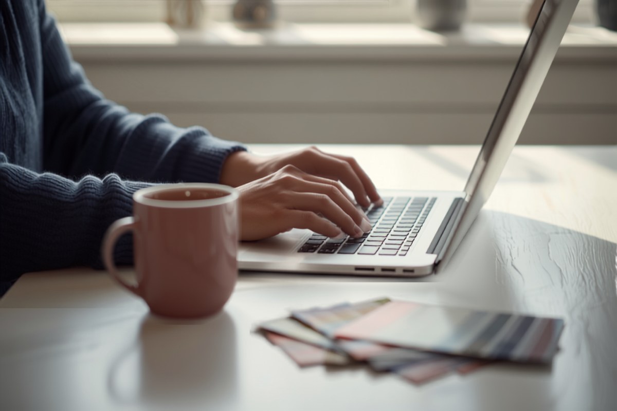 Homeowner typing a project description on a laptop at a kitchen table
