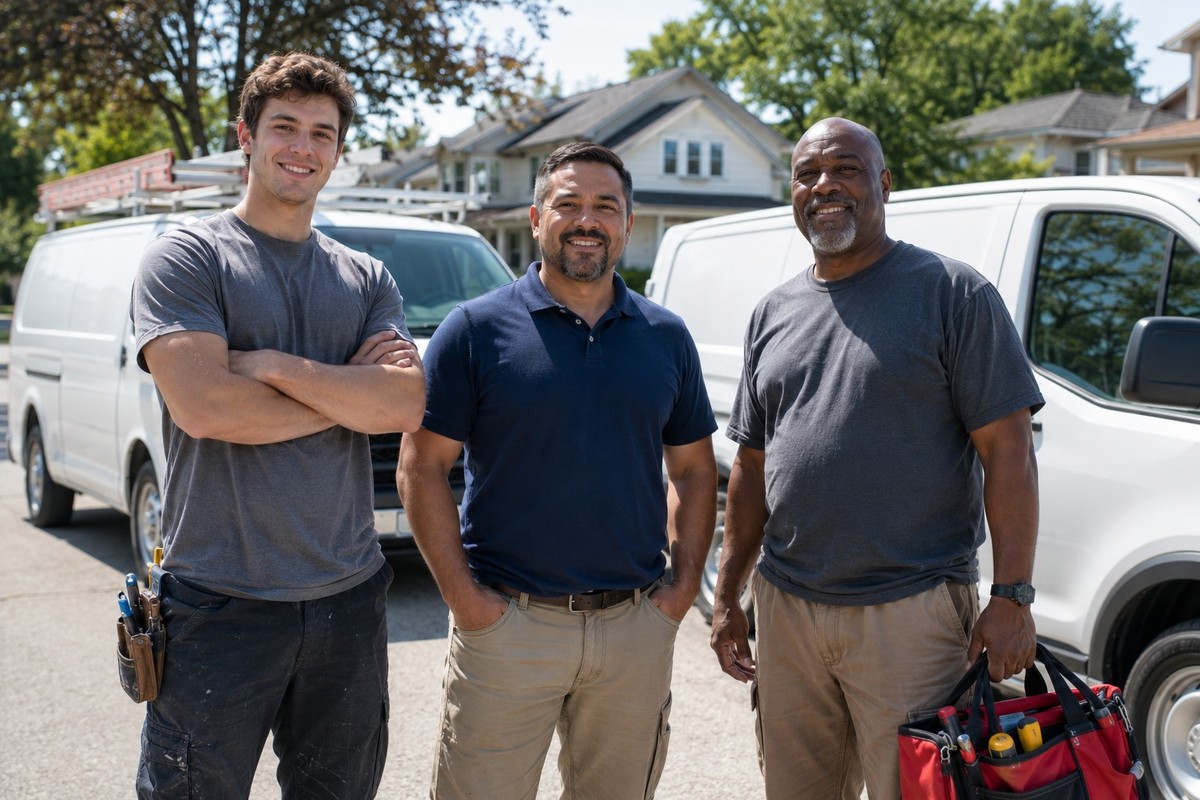 Three local tradespeople standing by their work vans on a residential street