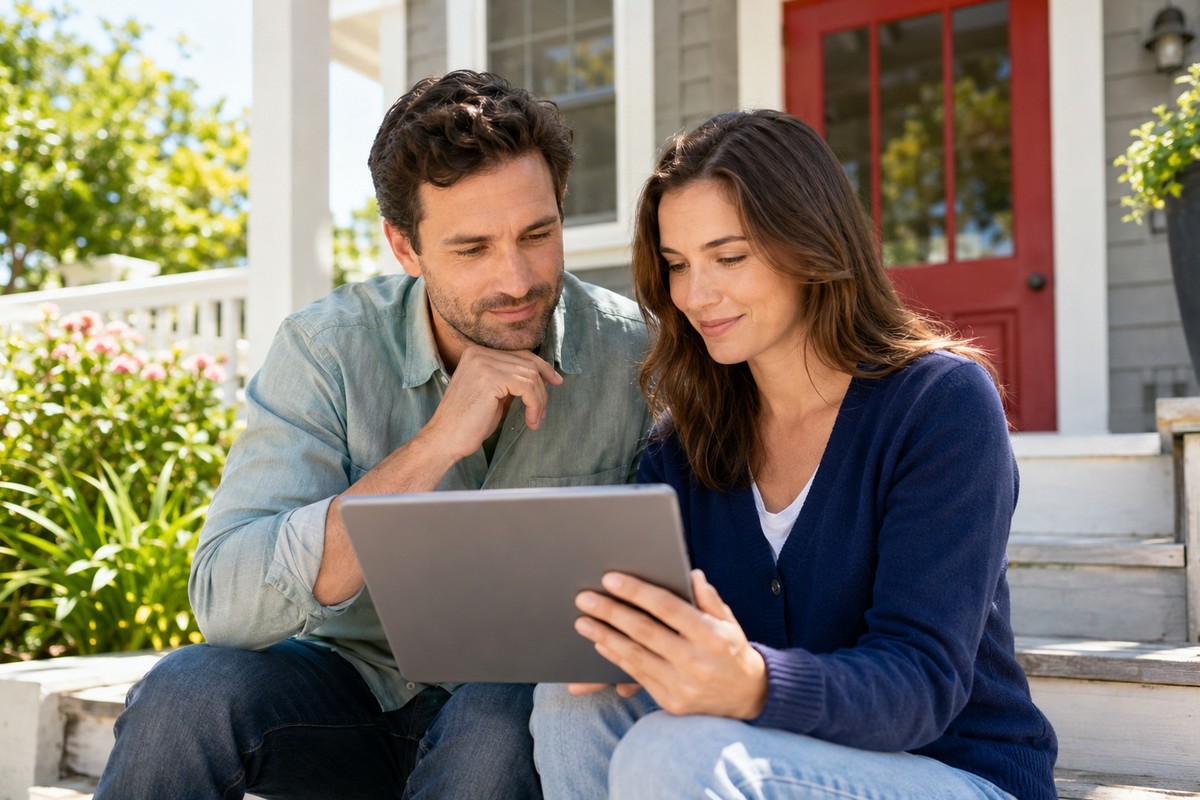 Couple on their front porch comparing quotes on a tablet