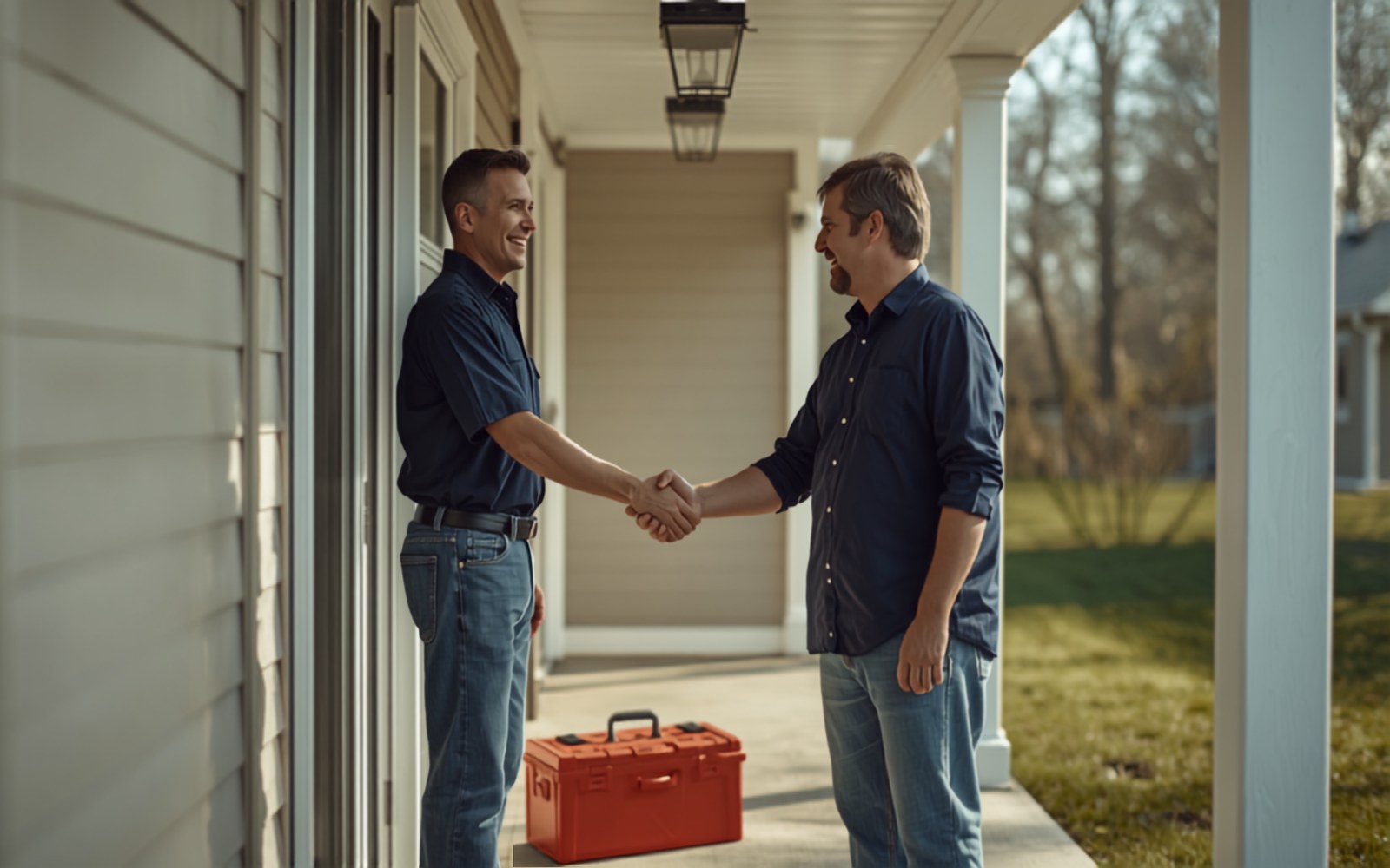 Contractor shaking hands with a homeowner at the front door