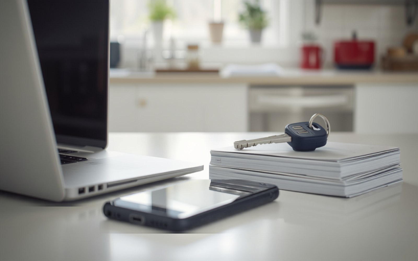 Kitchen counter with a laptop, house key and neatly stacked appliance manuals